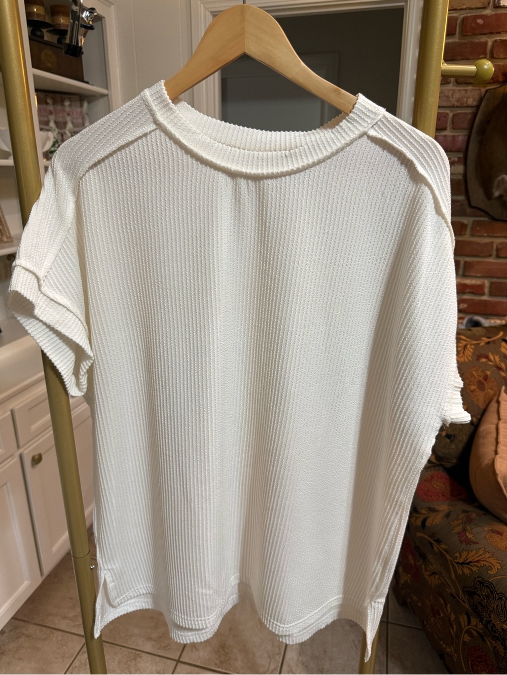 White Ribbed Short Sleeve Knit Top XL